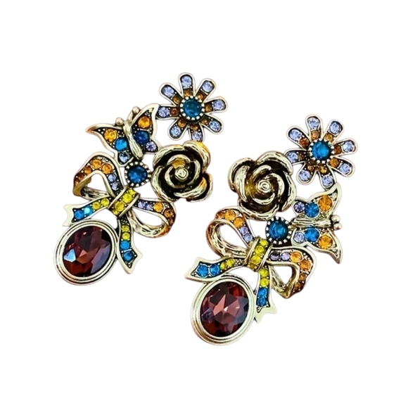 Floral Gemstone Drop Earrings Dangle Rhinestones - Picture 2 of 4